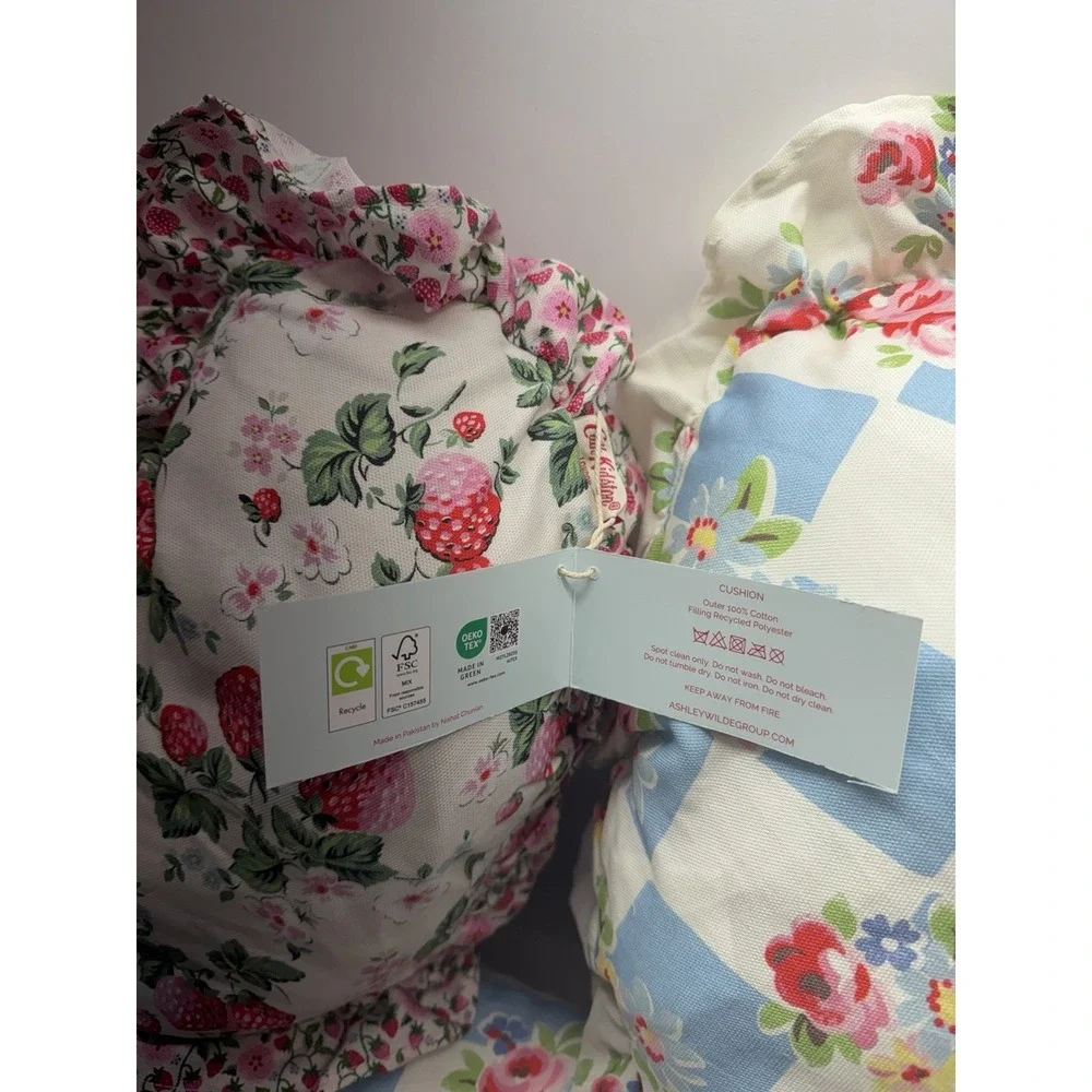 Cath Kidston Of London Pillow Set of 3- Floral Blue Check Rose & Strawberry